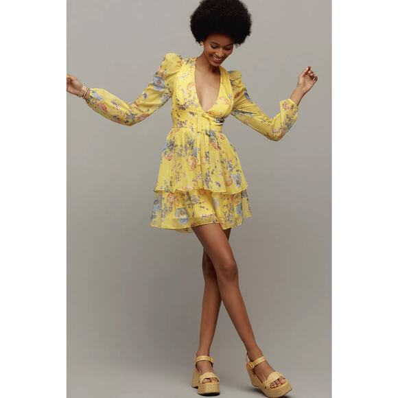 Mac Duggal Long-Sleeve V-Neck Mini Dress Anthropologie Yellow Printed Floral - Picture 2 of 12